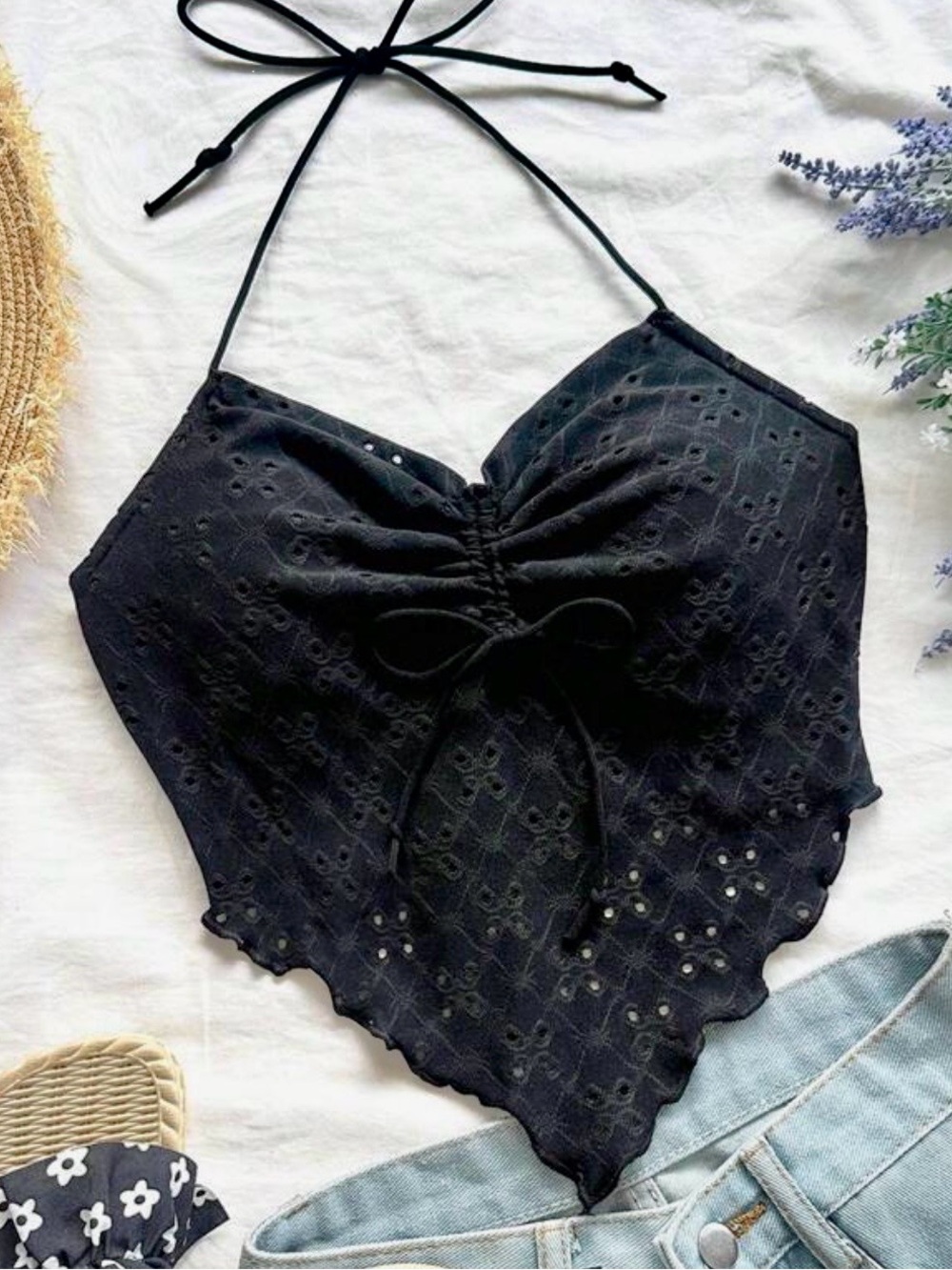 SHEIN Black Eyelet Halter Crop Top with Neck Tie sm
